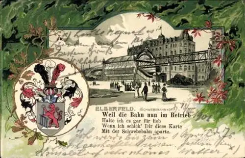 Präge Wappen Passepartout Litho Elberfeld Wuppertal in Nordrhein Westfalen, Schwebebahnhof