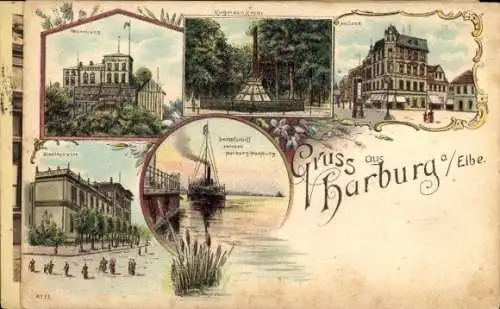 Litho Hamburg Harburg, Wirtshaus, Kugeldenkmal, Dampfschiff