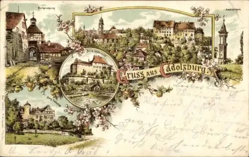 Litho Cadolzburg im Kreis Fürth Mittelfranken, Burgausgang, Aussichtsturm, Gesamtansichten