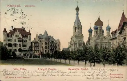 Ak Karlovy Vary Karlsbad Stadt, Westend, Villa Ritter, Evangelisches Hospiz, Russische Kirche