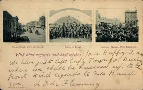 Ak Port Elizabeth Südafrika, Hauptstraße, Morgenmarkt, Zulus in Kraal