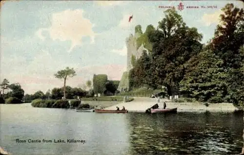 Ak Killarney Irland, Ross Castle vom See aus