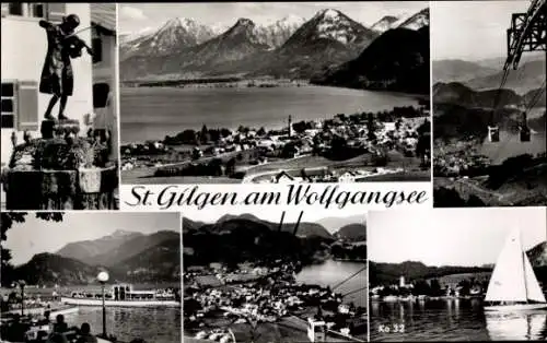 Ak Sankt Gilgen in Salzburg, Panorama, Denkmal, Segelboot, Seilbahn