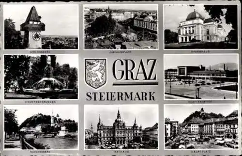 Ak Graz Steiermark, Schlossberg, Stadtparkbrunnen, Rathaus, Hauptbahnhof, Opernhaus, Wappen