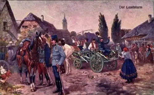 Künstler Ak Höllerer, F., Landsturm, Dorfanwohner, Soldaten, Rotes Kreuz, Kriegshilfe