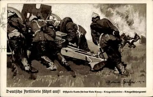 Künstler Ak Strasser, Roland, Deutsche Artillerie fährt auf, Rotes Kreuz, Kriegsfürsorge