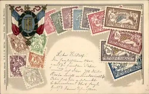 Präge Briefmarken Ak Französische Briefmarken, Fahnen, Kranz