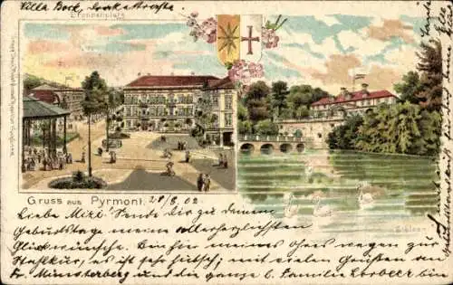 Litho Bad Pyrmont in Niedersachsen, Brunnenplatz, Wasserpartie, Wappen