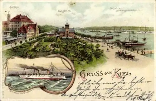 Litho Kiel, Schloss, Seegarten, Hafen, Staatsyacht Hohenzollern, Kaiserliche Marine