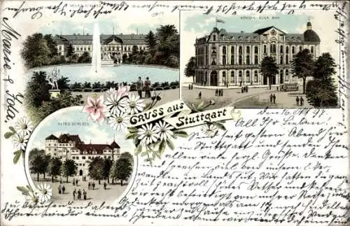 Litho Stuttgart in Württemberg, Neues Schloss, Altes Schloss, Königin Olga-Bau, Blumen