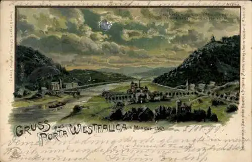 Mondschein Litho Porta Westfalica in Nordrhein Westfalen, Panorama