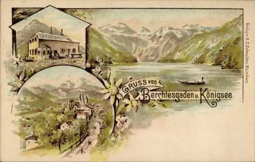 Litho Berchtesgaden in Oberbayern, Königsee, Gesamtansicht, Berge