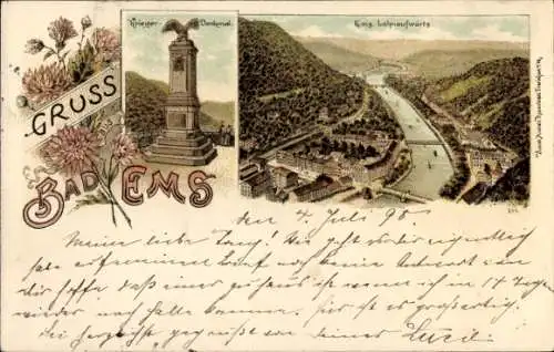 Litho Bad Ems an der Lahn, Gesamtansicht, Kriegerdenkmal