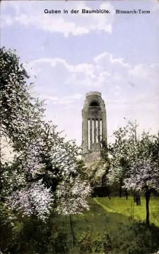 Ak Guben in der Niederlausitz, Bismarck-Turm, Baumblüte