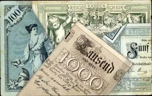 Geldschein Ak Tausend und aber 1000 frohe Stunden, Hundert Reichsmark, Reichskassenschein