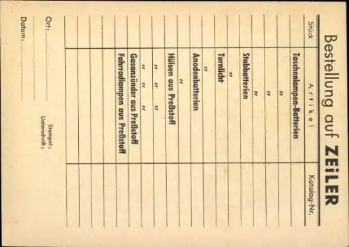 Ak Zeiler Lampen-Batterien, Eine Hochleistung, Bestellkarte