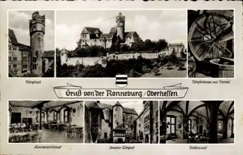 Ak Ronneburg in Oberhessen, Burgfried, Burgbrunnen mit Tretrad, Zinsendorfsaal, Burghof, Rittersaal