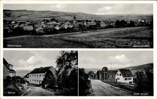 Ak Niederaula Hessen, Schule, katholische Kirche, Panorama