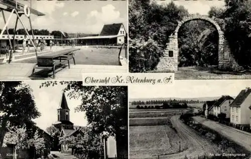 Ak Obersuhl Wildeck Hessen, an der Zonengrenze, Schloss-Ruine Blumenstein, Kirche, Schwimmbad