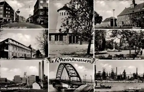 Ak Rheinhausen Duisburg im Ruhrgebiet, Hüttenwerk, Rheinbrücke, Rathaus, Zeche Diergardt, Schacht II