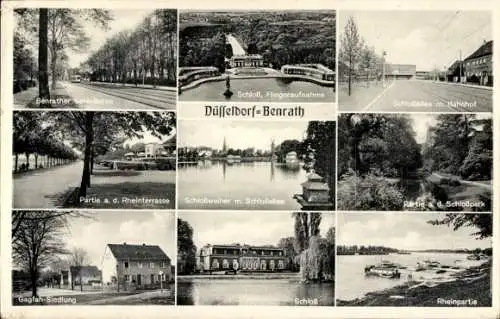 Ak Benrath Düsseldorf am Rhein, Straßenpartie, Schloss, Rhein, Bahnhof