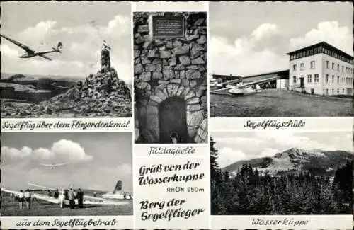 Ak Gersfeld in der Rhön Hessen, Wasserkuppe, Fliegerlager, Fliegerdenkmal, Fuldaquelle