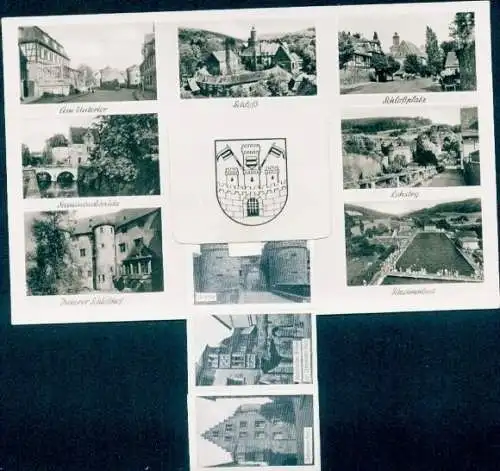 Leporello Ak Büdingen in Hessen, Wappen, Schloss, Untertor, Steinernes Haus, Lohsteg, Schwimmbad