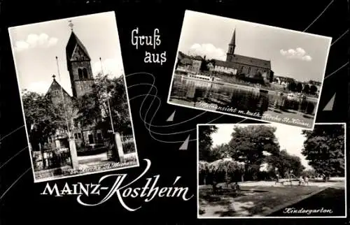 Ak Kostheim Mainz am Rhein, Kindergarten, evang. Kirche St. Michael, katholische Kirche St. Kilian