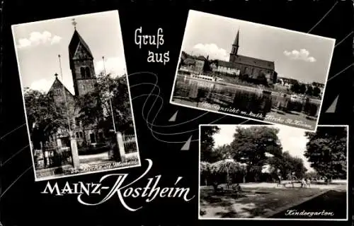 Ak Kostheim Mainz am Rhein, Kindergarten, evang. Kirche St. Michael, katholische Kirche St. Kilian