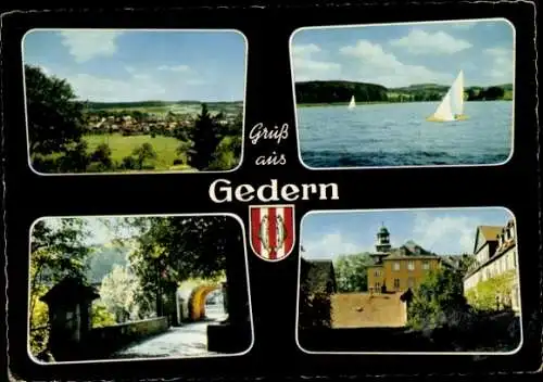 Ak Gedern in Hessen, Wappen, Teilansichten, Brücke, Schloss, Segelboot