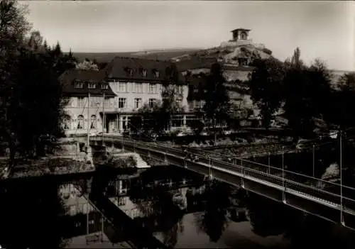 Ak Bad Kreuznach in Rheinland Pfalz, Kurhotel Der Quellenhof, linkes Naheufer, Brücke