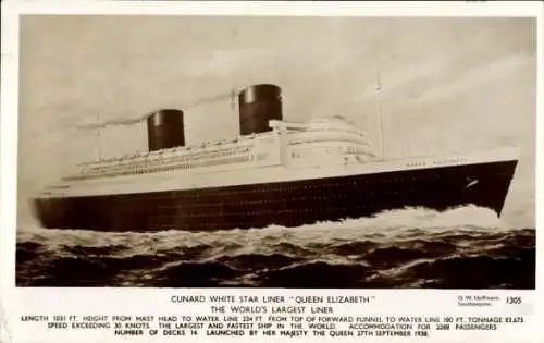 Ak Passagierdampfer Queen Elizabeth, Cunard White Star Line