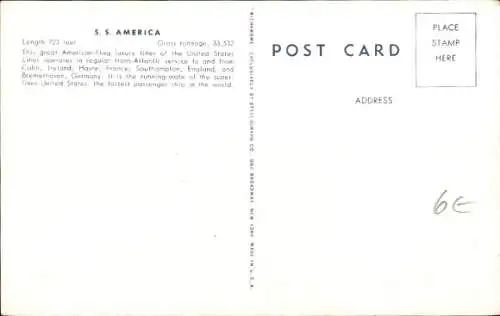 Ak Dampfschiff SS America, USL