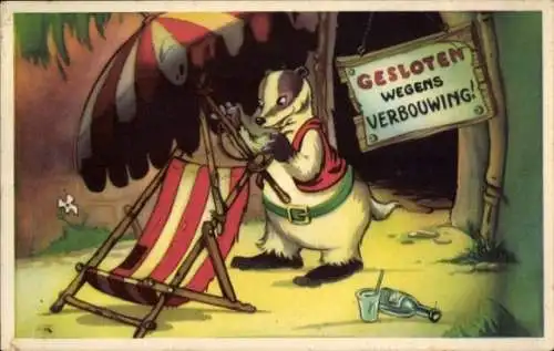 Künstler Ak Comic, Doremias Das, Dachs, Liegestuhl, Restaurant, Wim Lensen