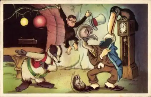 Künstler Ak Comic, Doremias Das, Geier, Affe, Standuhr, Restaurant, Dachs, Wim Lensen