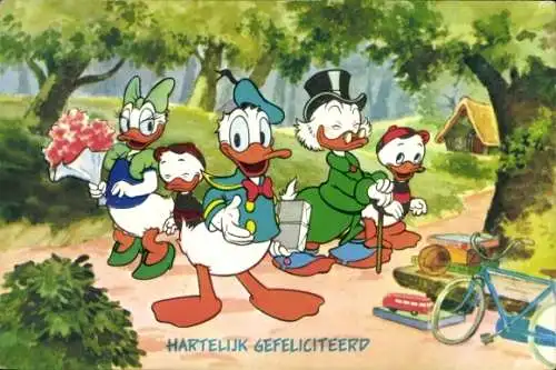 Künstler Ak Walt Disney, Donald Duck, Daisy Duck, Dagobert, Neffen