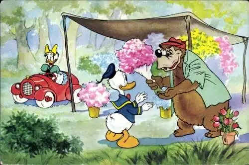 Ak Walt Disney, Donald Duck, Daisy Duck, Bär, Blumenverkäufer