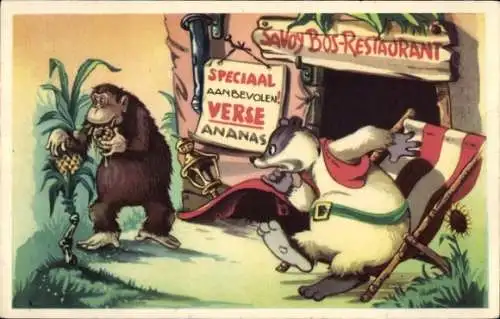 Künstler Ak Comic, Doremias Das, Restaurant, Dachs, Affe, Ananas, Wim Lensen