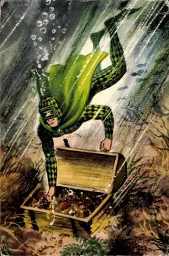 Künstler Ak Luvil-Man, Superheld, Taucher, Schatztruhe unter Wasser