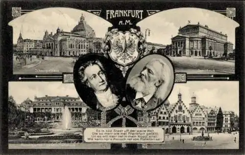 Ak Frankfurt am Main, Wappen, Schauspielhaus, Opernhaus, Römer, Goethe