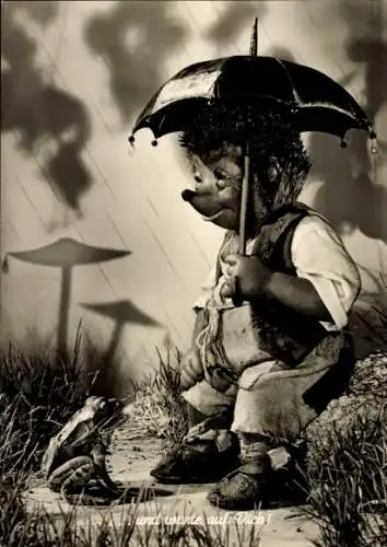 Ak Mecki der Igel, Und warte auf dich, Regen, Frosch, Regenschirm