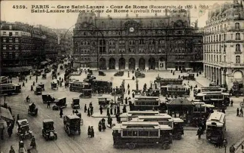 Ak Paris VIII, Gare Saint Lazare, Cour de Rome, Straßenbahn