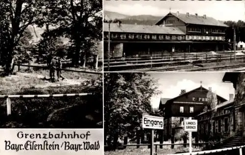 Ak Bayerisch Eisenstein in Niederbayern, Grenzbahnhof, EIngang, Landesgrenze, Schranke