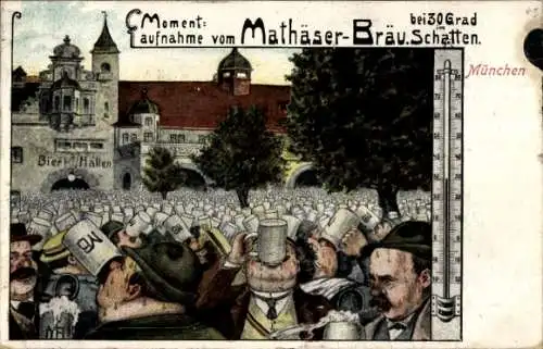 Ak München, Mathäser-Bräu bei 30 Grad im Schatten, Thermometer, Männer Bier trinkend