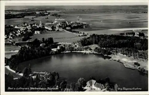 Ak Buxheim in Schwaben, Weiherhaus, Strandbad, Bahnhof, Fliegeraufnahme