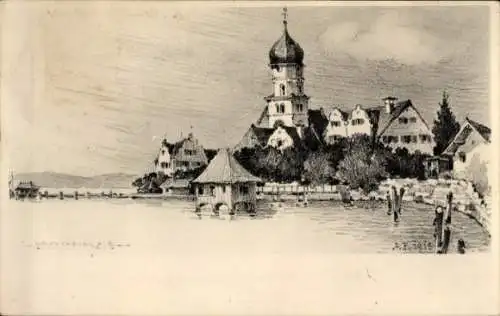 Ak Wasserburg am Bodensee Schwaben, Teilansicht, Kirchturm