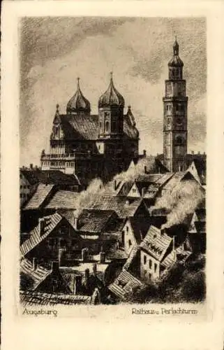 Künstler Ak Augsburg, Rathaus und Perlachturm