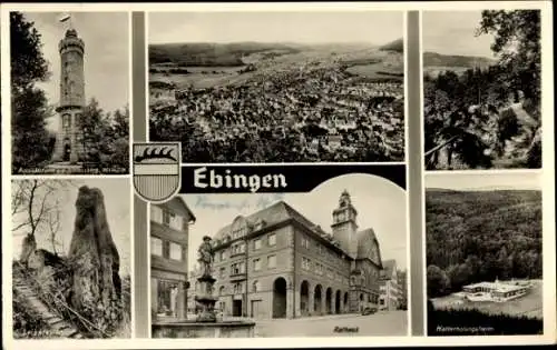 Ak Ebingen Albstadt in Württemberg, Wappen, Aussichtsturm, Panorama, Rathaus, Walderholungsheim