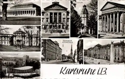 Ak Karlsruhe in Baden, Stadthalle, Rathaus, Schlossturm, Bundesgericht, evangelische Stadtkirche
