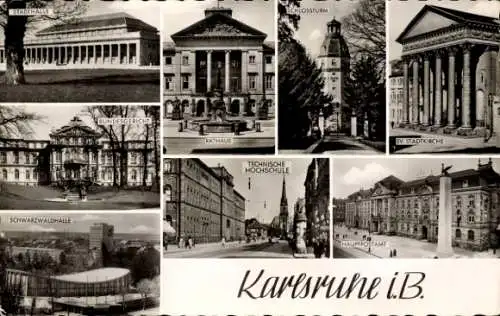Ak Karlsruhe in Baden, Stadthalle, Rathaus, Schlossturm, Bundesgericht, evangelische Stadtkirche